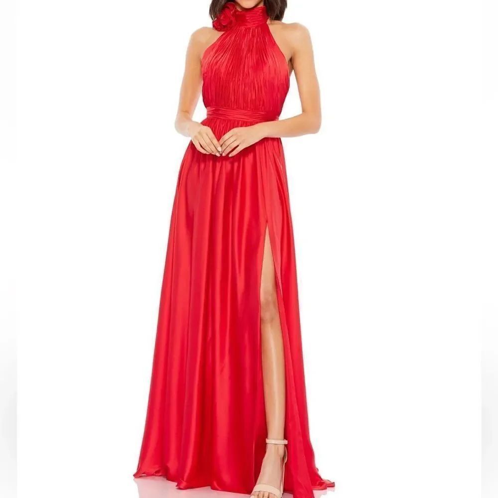 Mac Duggal #49333 Rosette Halter Chiffon Evening Gown in Cherry Red $398 - Picture 2 of 5